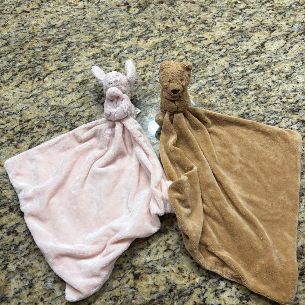 Jellycat Bashful Bunny Bear Soother Blanket Set Pink Tan Plush Security 13x13